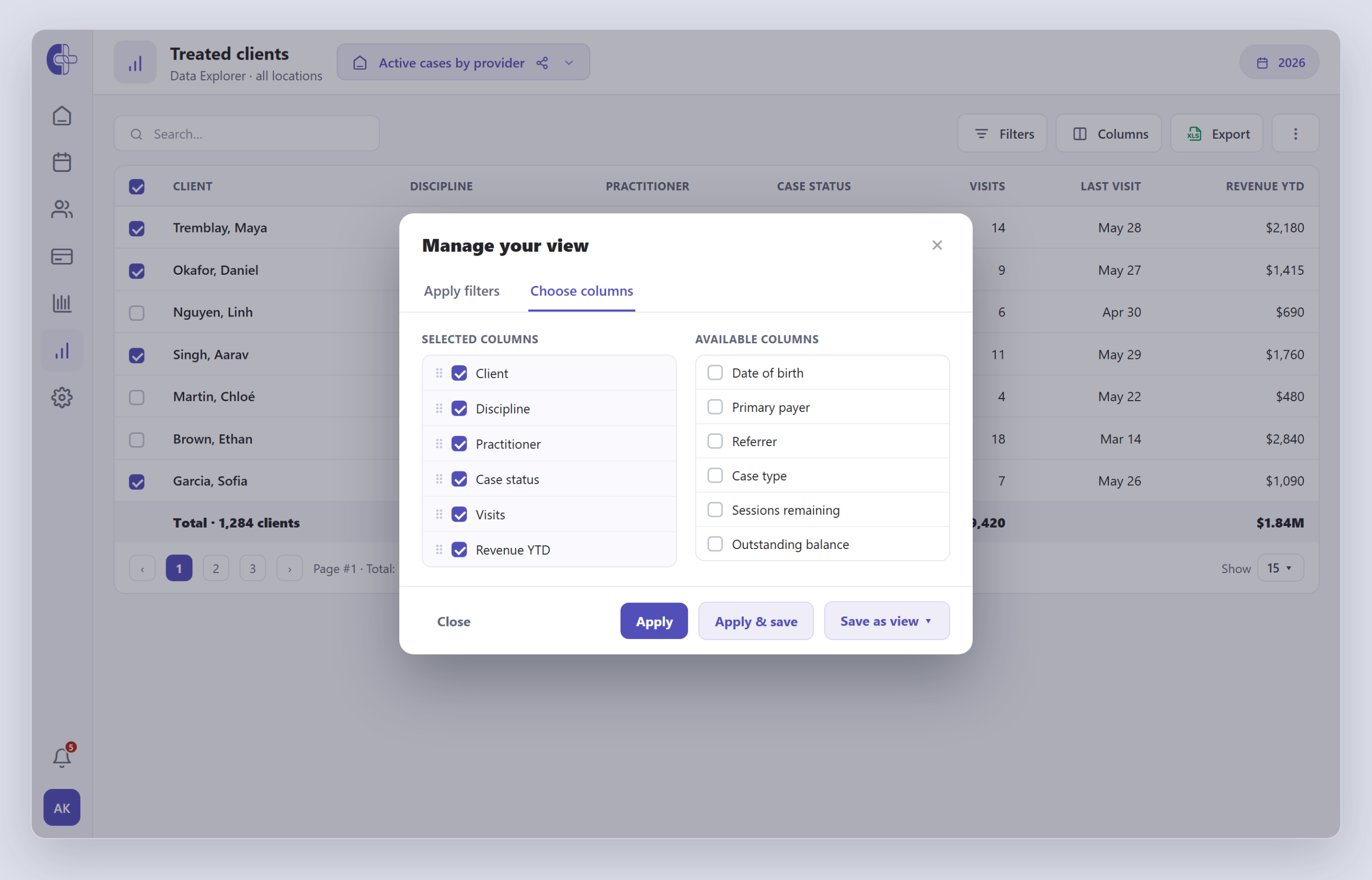 Clinicmaster Data Explorer — a customizable 'Treated clients' report with a saved view, Filters and Columns controls, and a 'Manage your view' dialog to choose columns, apply filters and save or share the view.