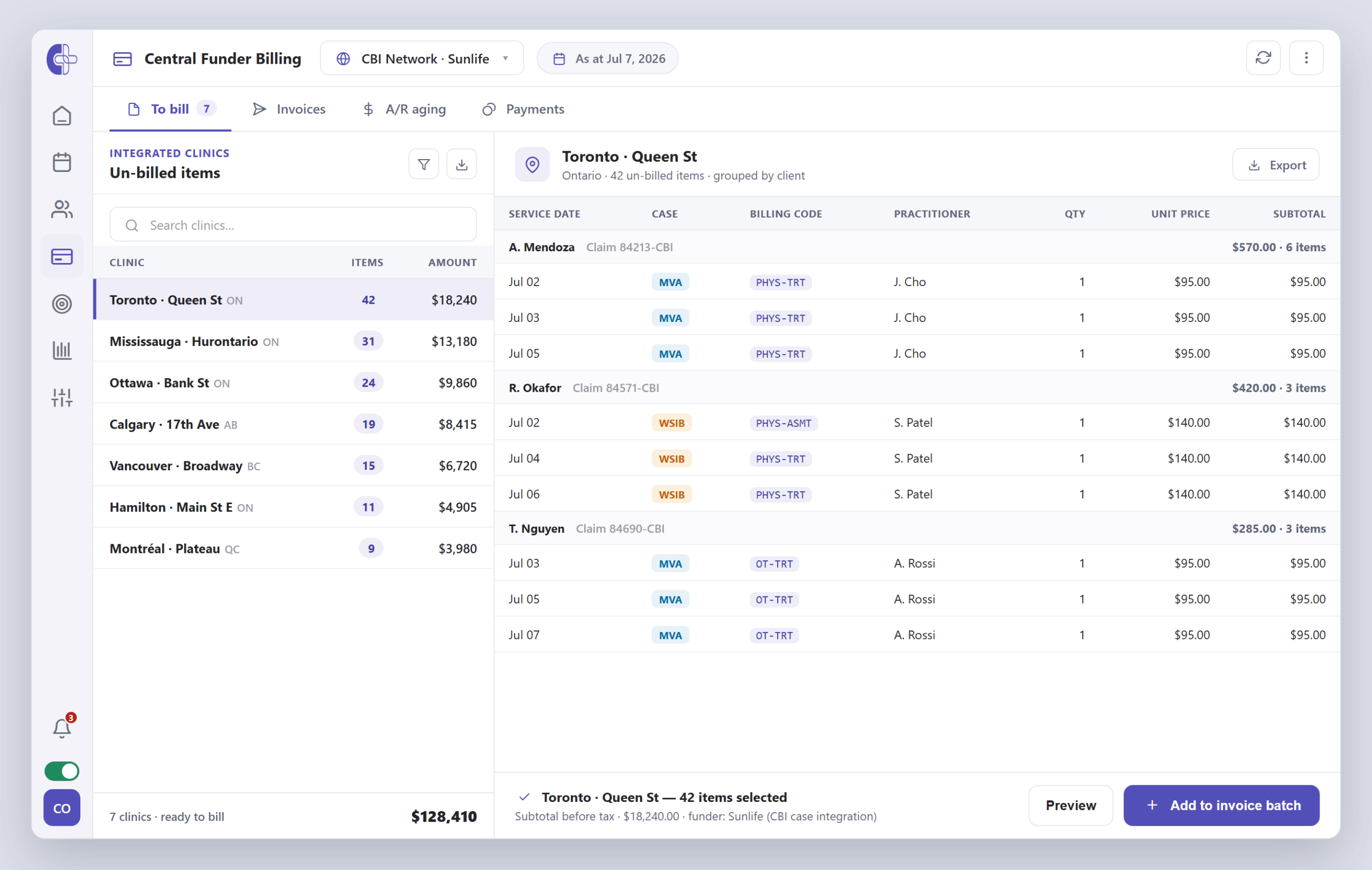Clinicmaster Central Funder Billing explorer — un-billed items by clinic ready to consolidate into funder invoices.
