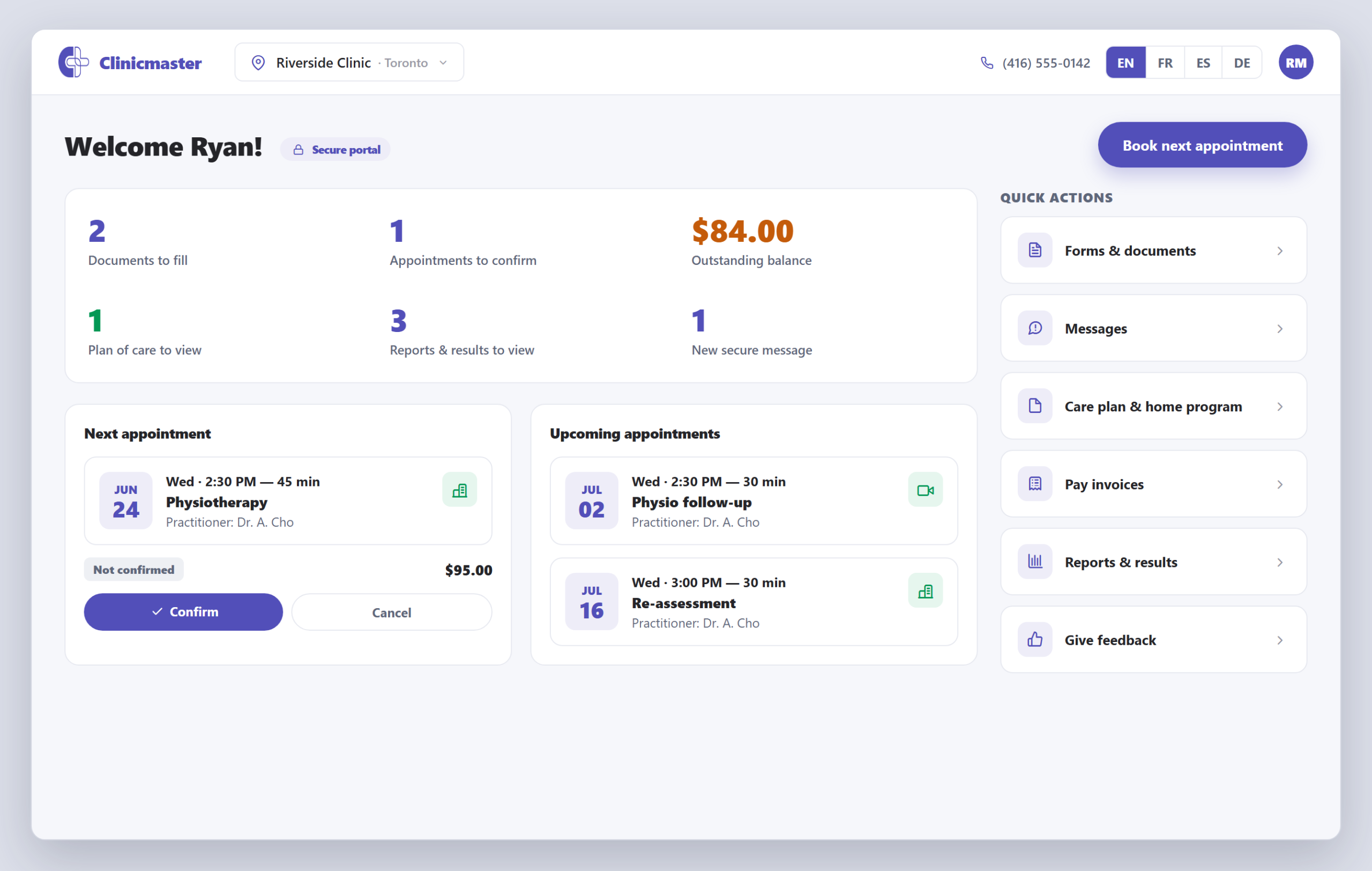 Clinicmaster patient portal — a patient home screen with next and upcoming appointments (including telehealth), documents to complete, outstanding balance, secure messages and one-tap booking.