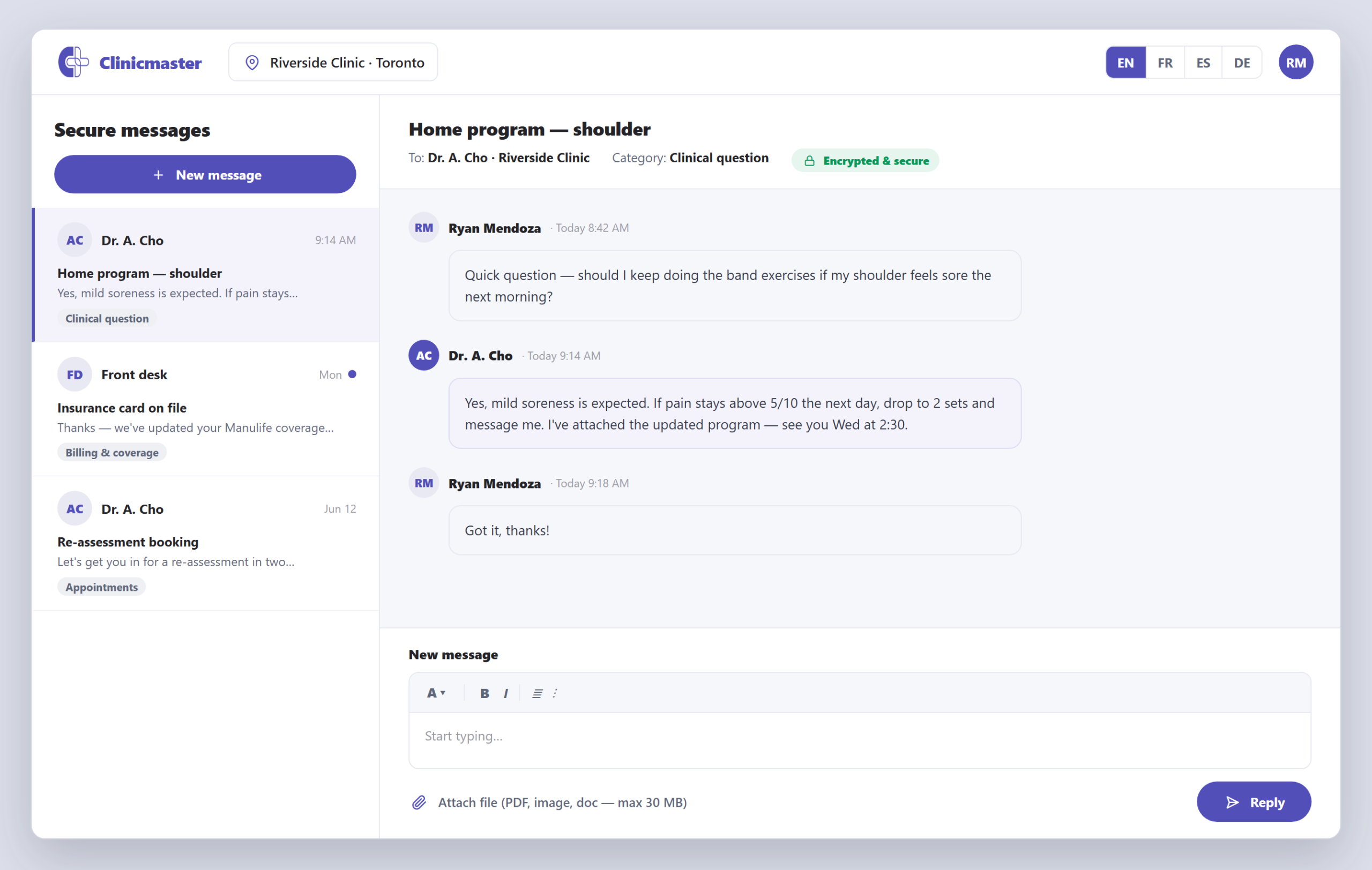 Secure messaging in the patient portal — a categorized message thread between a patient and clinician, marked encrypted and secure, with a reply box and file attachment