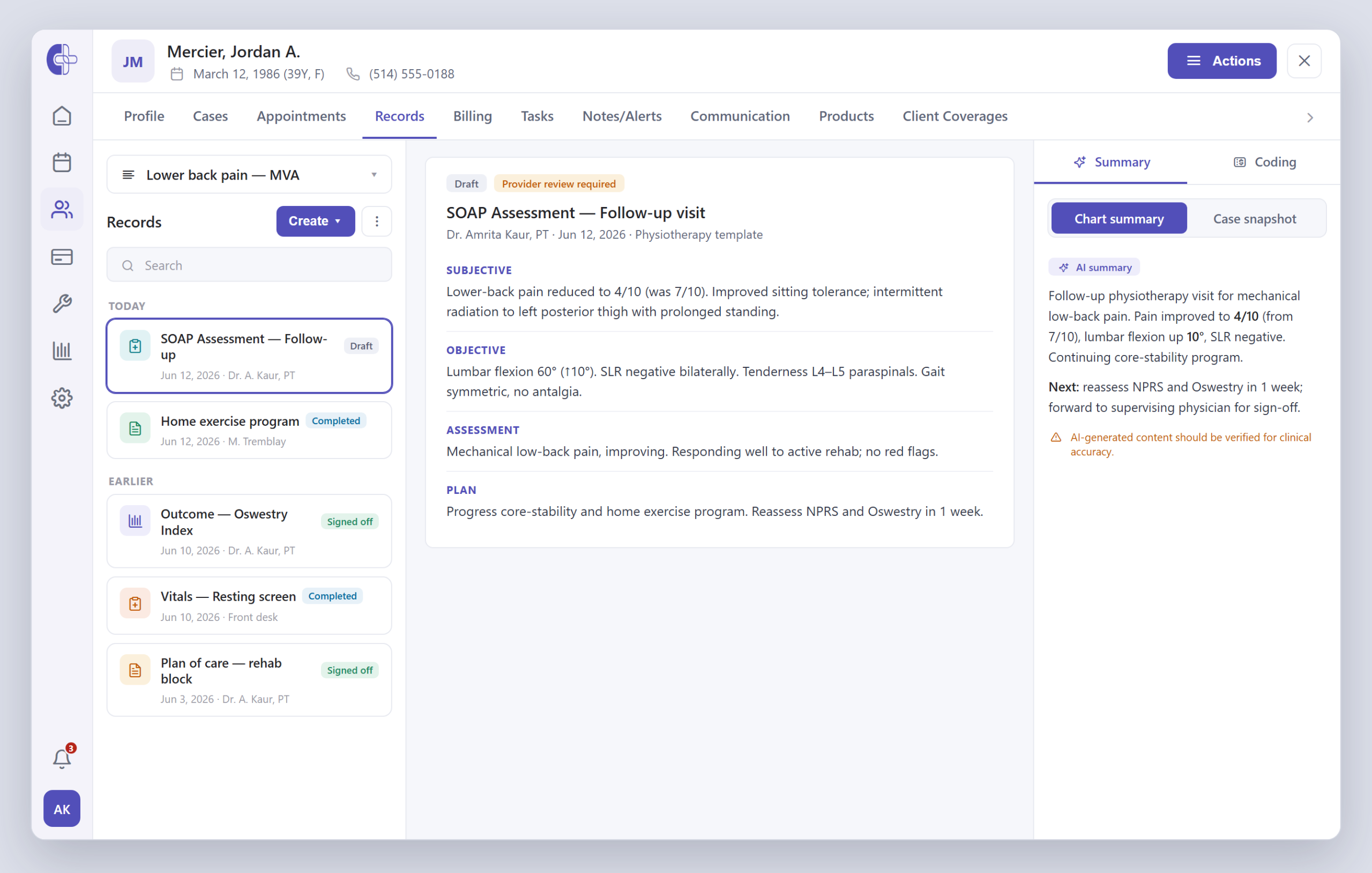 Clinicmaster EMR — one patient chart organized into All, Charts and Files, with SOAP notes, outcome measures, vitals, exercise programs and plans of care.