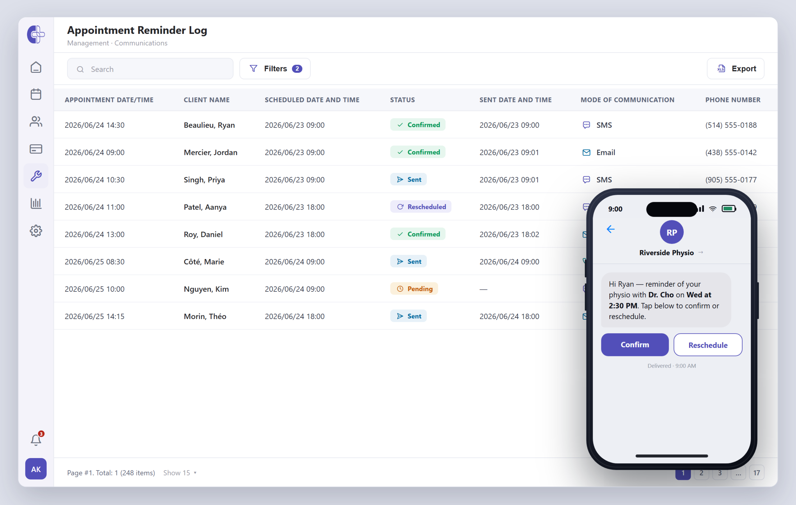 Clinicmaster appointment reminder log — SMS and email reminders with confirmed, sent, rescheduled and pending statuses, alongside a patient's phone showing a one-tap Confirm or Reschedule reminder.