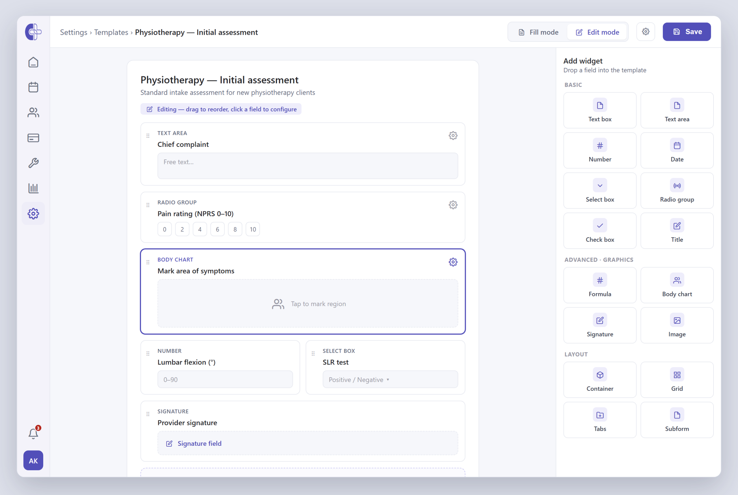 Clinicmaster template editor — a standardized physiotherapy initial-assessment template with chief complaint, pain rating, body chart and provider signature fields, built once and reused for every visit.