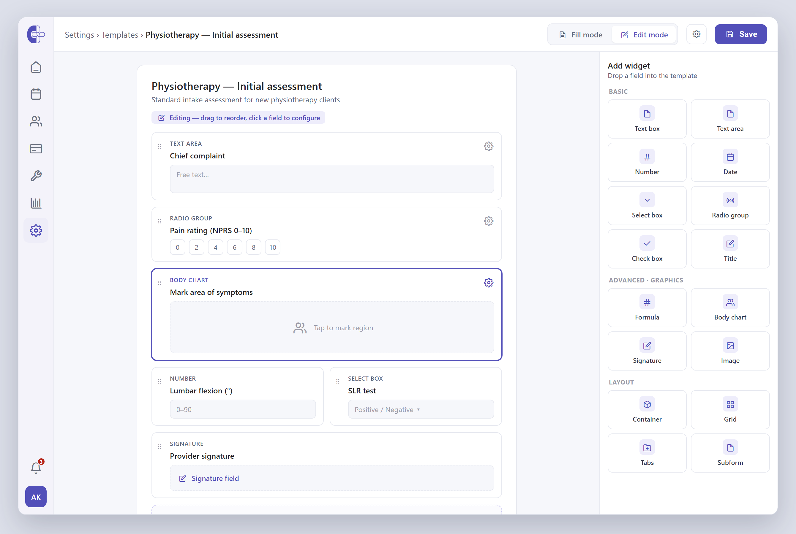 Clinicmaster — the clinical template builder in edit mode: a physiotherapy initial-assessment form on the canvas and a palette of field types (text, number, radio, body chart, signature) to drag in.