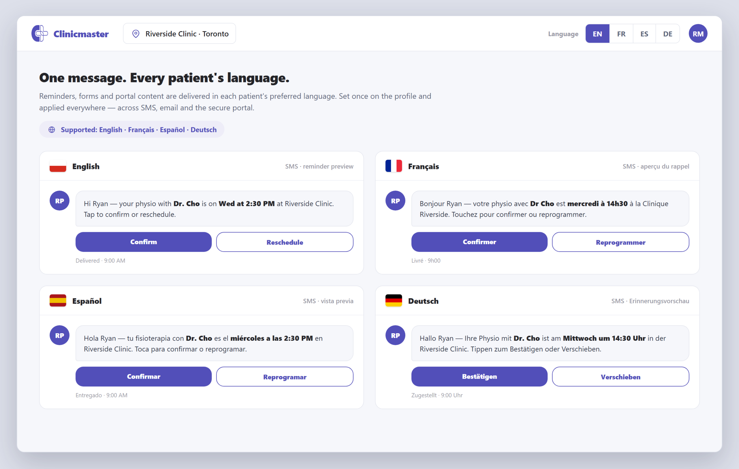Multilingual communication — the same appointment reminder rendered in English, French, Spanish and German, each with a one-tap confirm or reschedule action