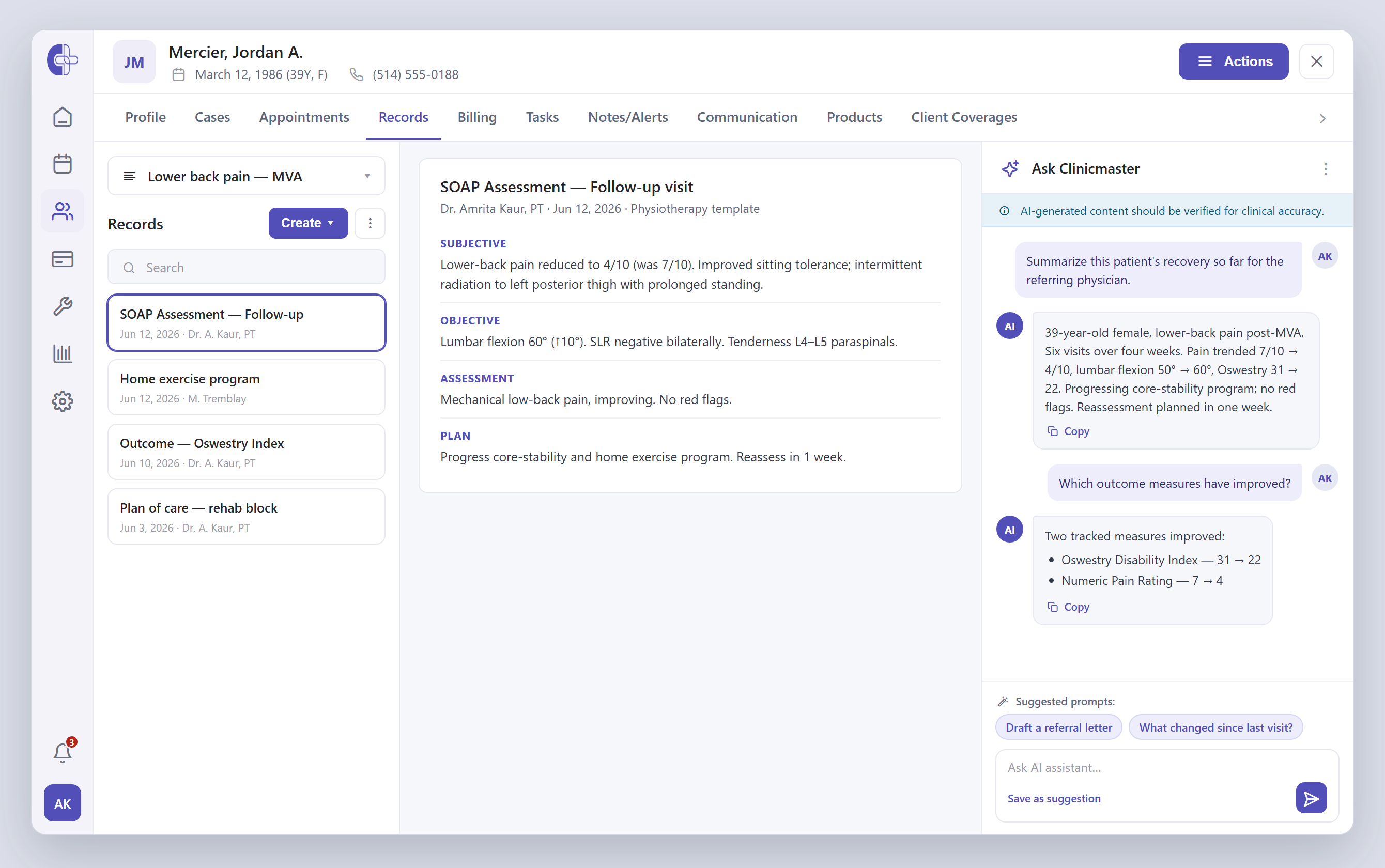 Clinicmaster — the Ask Clinicmaster panel scoped to one case: a drafted recovery summary for a referring physician built from six visits, plus a verify-for-clinical-accuracy reminder.