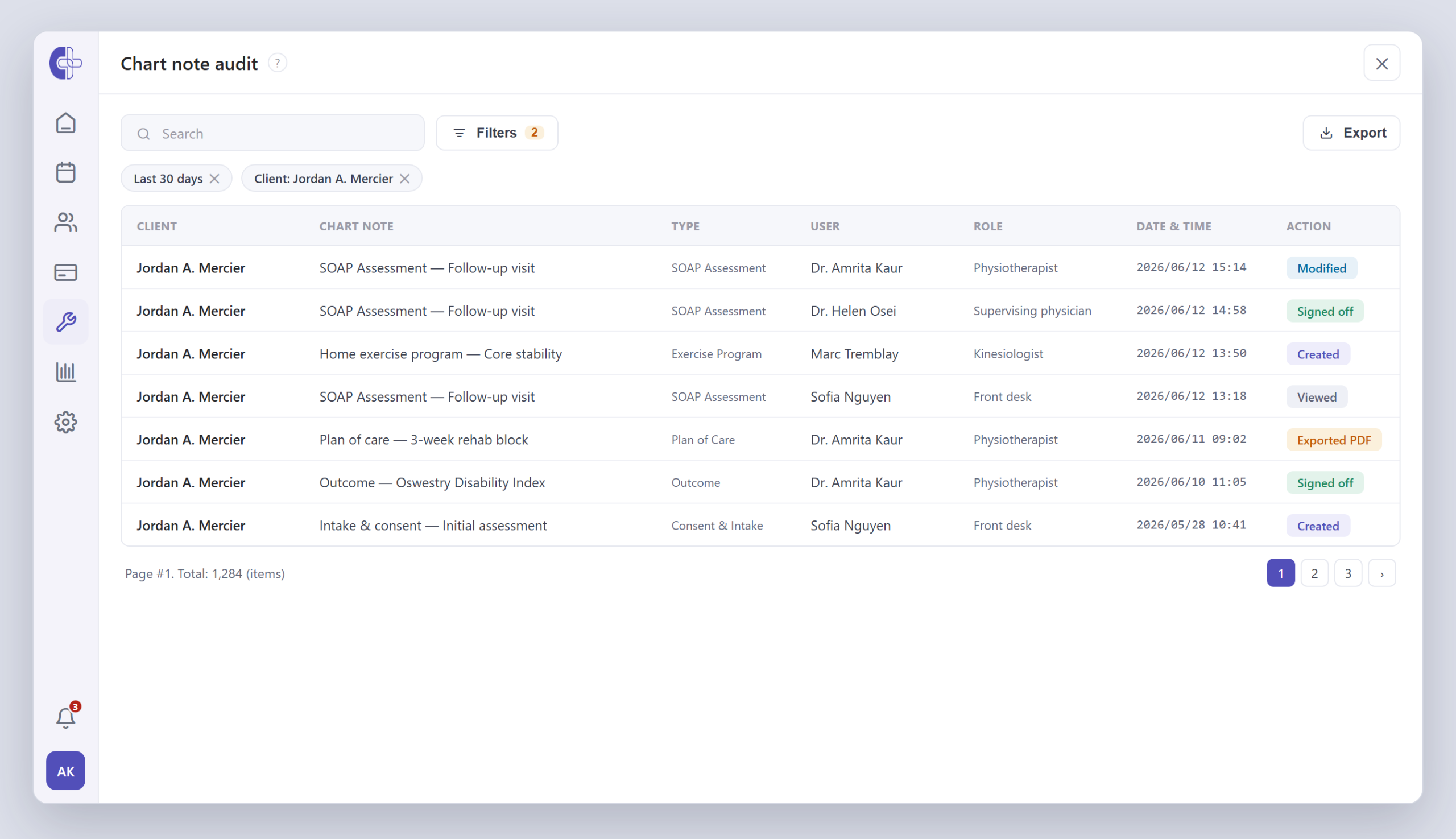 Clinicmaster EMR — the activity and audit log for one patient: each event shows the user, role, action, timestamp and source.