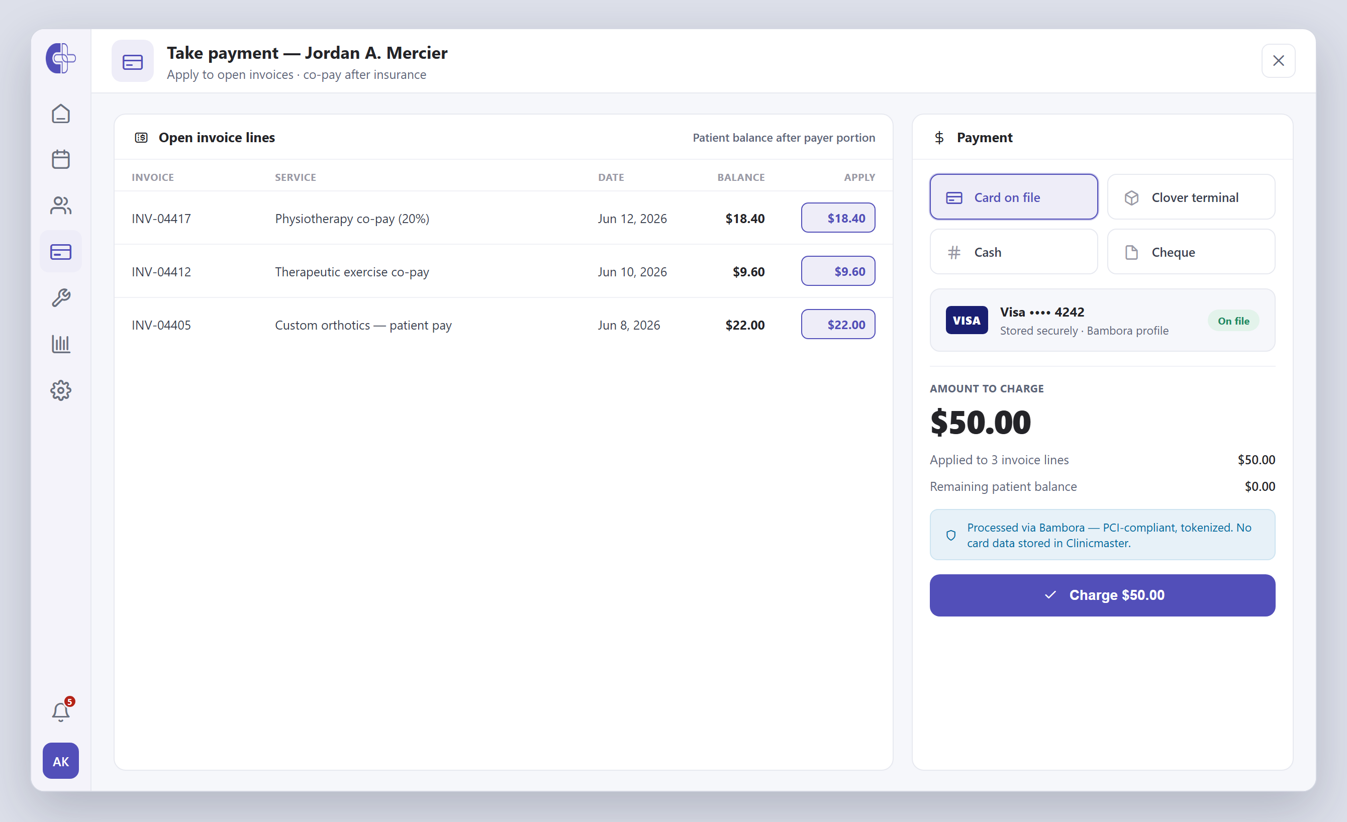 Clinicmaster billing — a take-payment screen allocating a card-on-file charge across open invoice lines, with payment-method options and a Bambora security note.