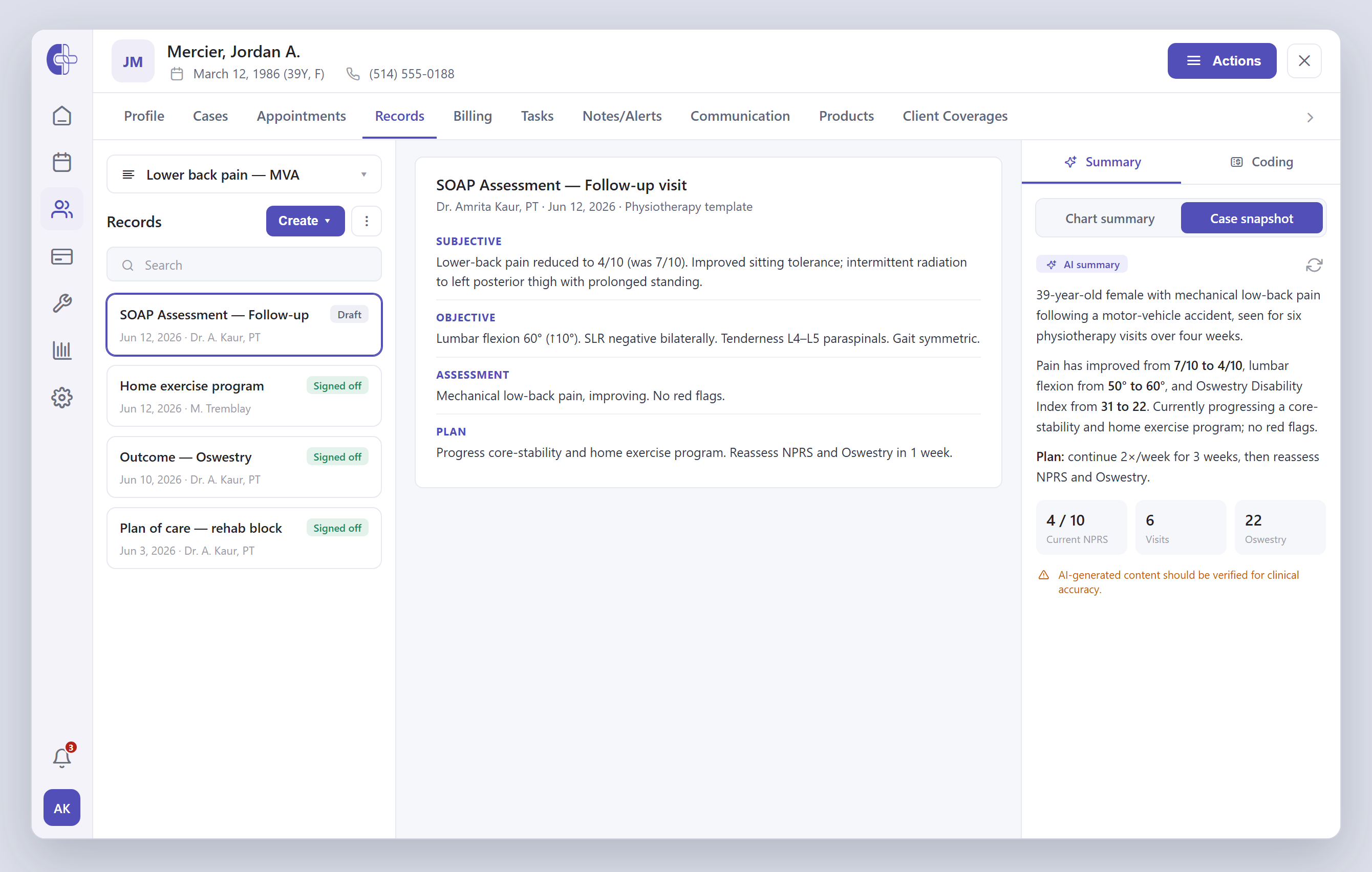 Clinicmaster — a long plan of care condensed by AI into summaries and a draft letter, with output-type options.