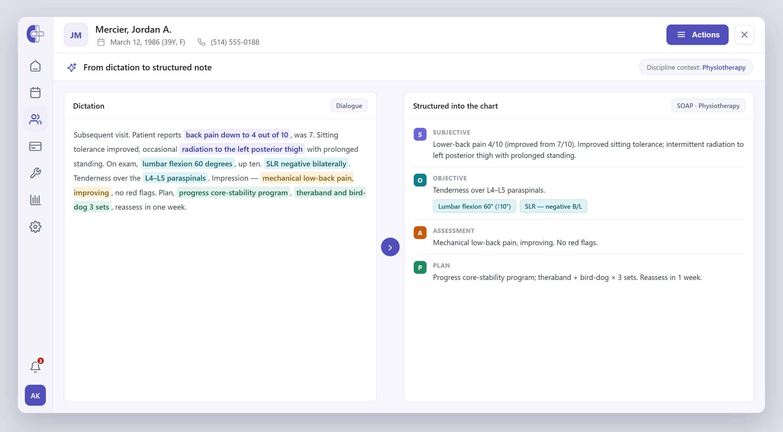 Clinicmaster AI Charting — a dictated session on the left structured by AI into a SOAP note on the right, with measurements parsed into the Objective section.