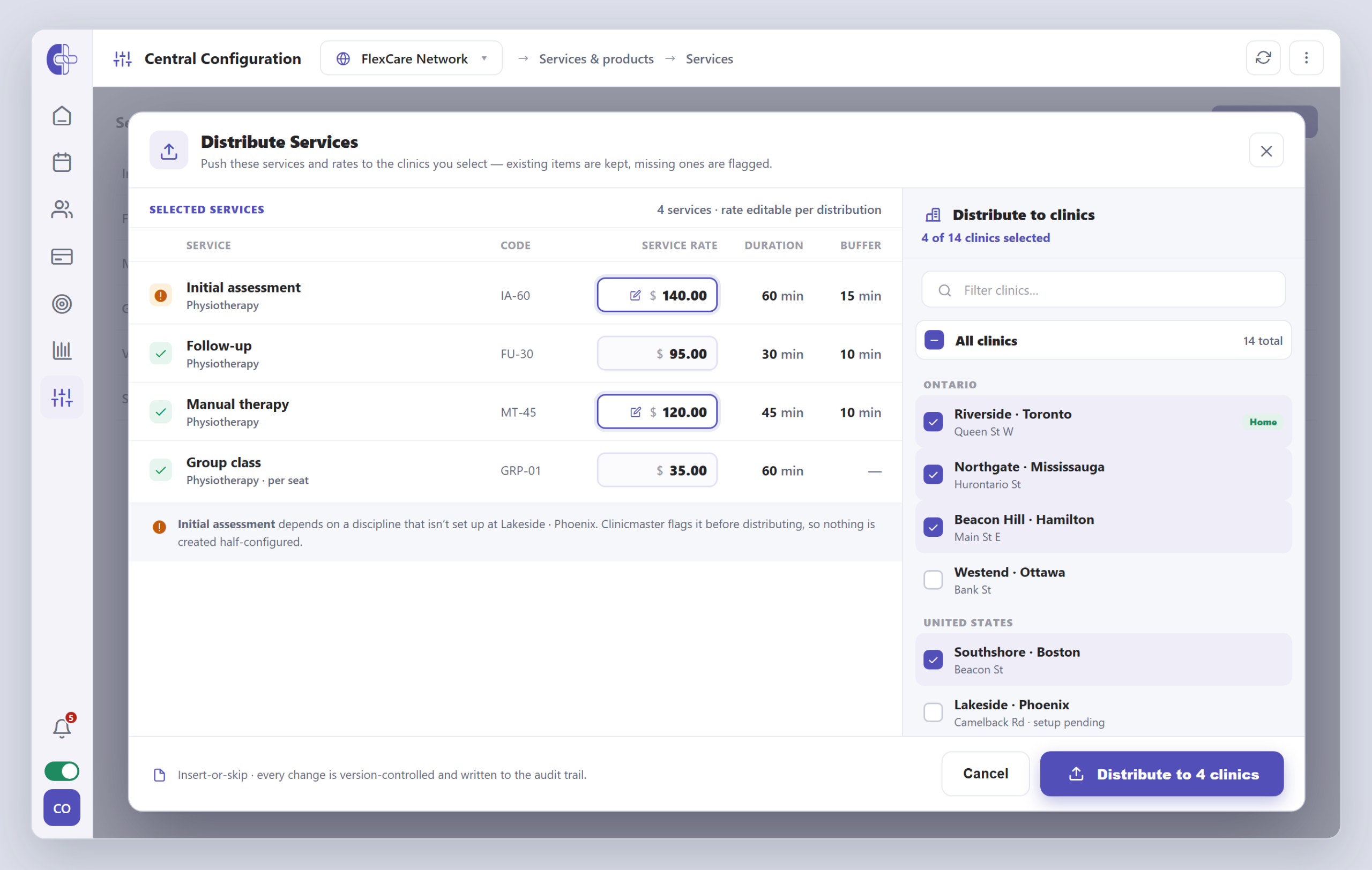 Clinicmaster Central Configuration — the Distribute Services dialog pushing services and rates to selected clinics in a group, with per-distribution rate edits, dependency validation, and a clinic selector.