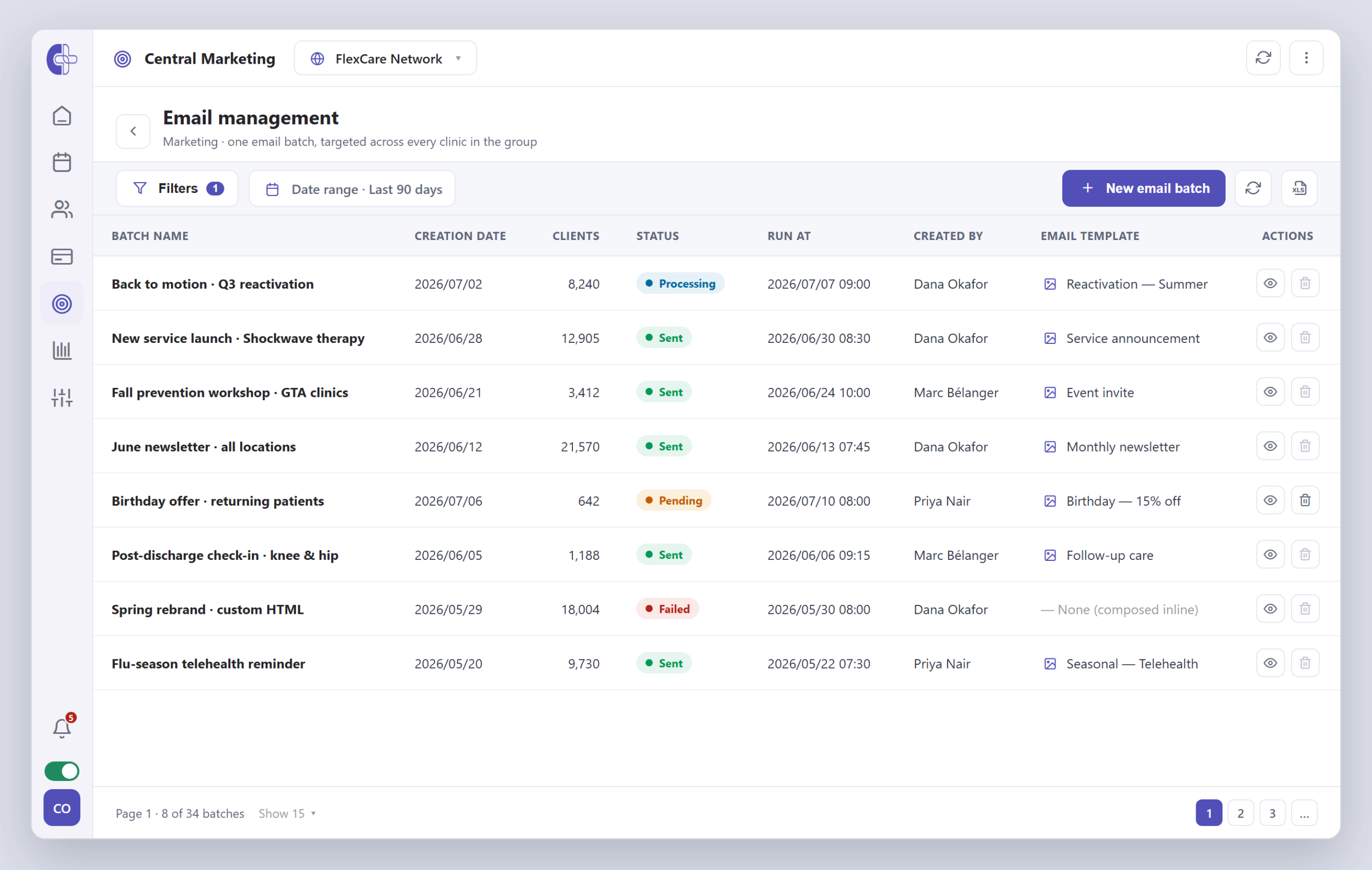 Clinicmaster Central Marketing — the email batch grid: branded email campaigns targeted across selected clinics, showing template, status, recipient count, run time and a full send log.