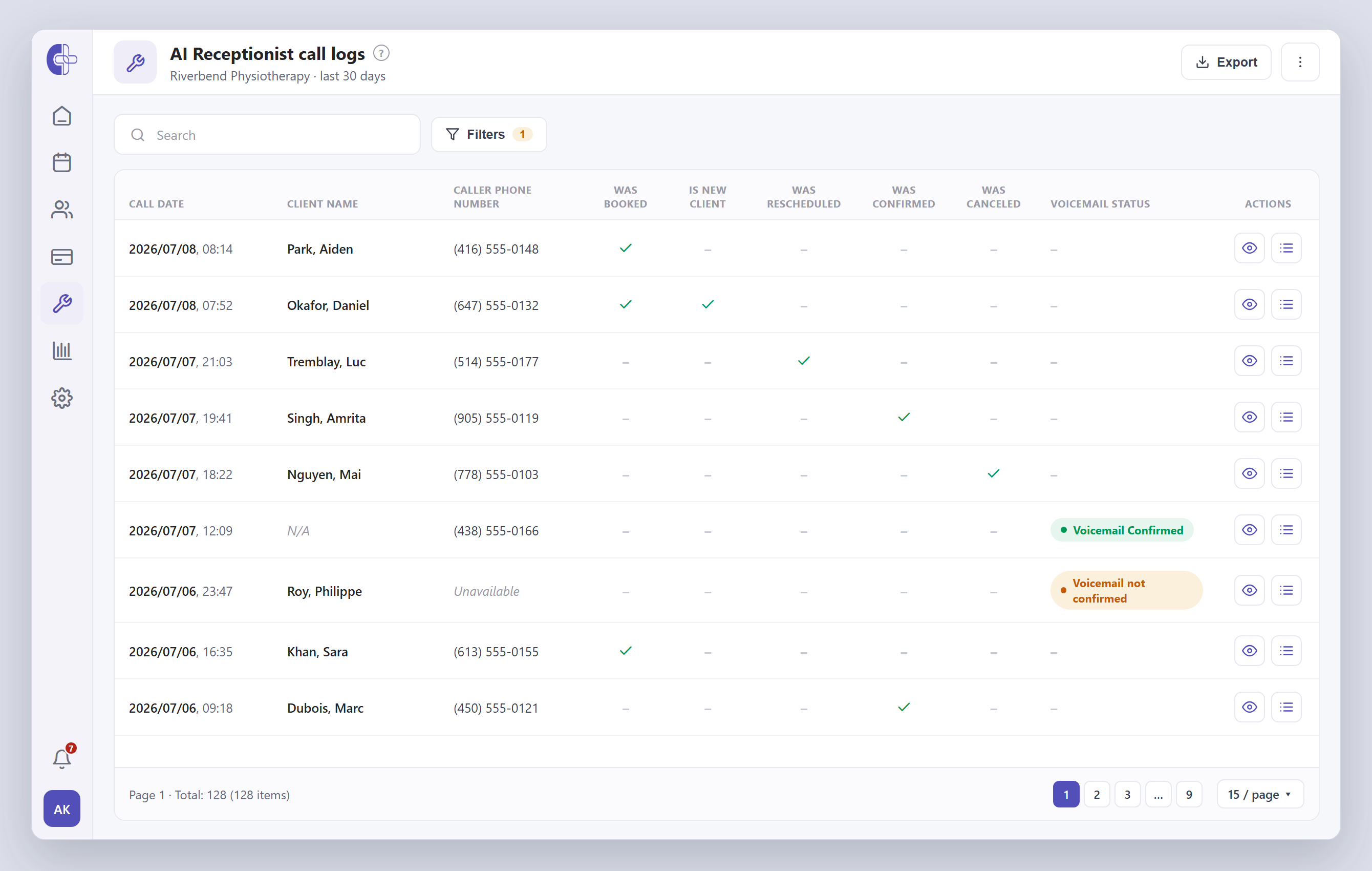 The Clinicmaster AI Receptionist call log — a table of calls showing the date, client name and caller phone number, tick-mark columns for whether each call was booked, a new client, rescheduled, confirmed or cancelled, and a voicemail-status column, with view and view-log actions on each call.