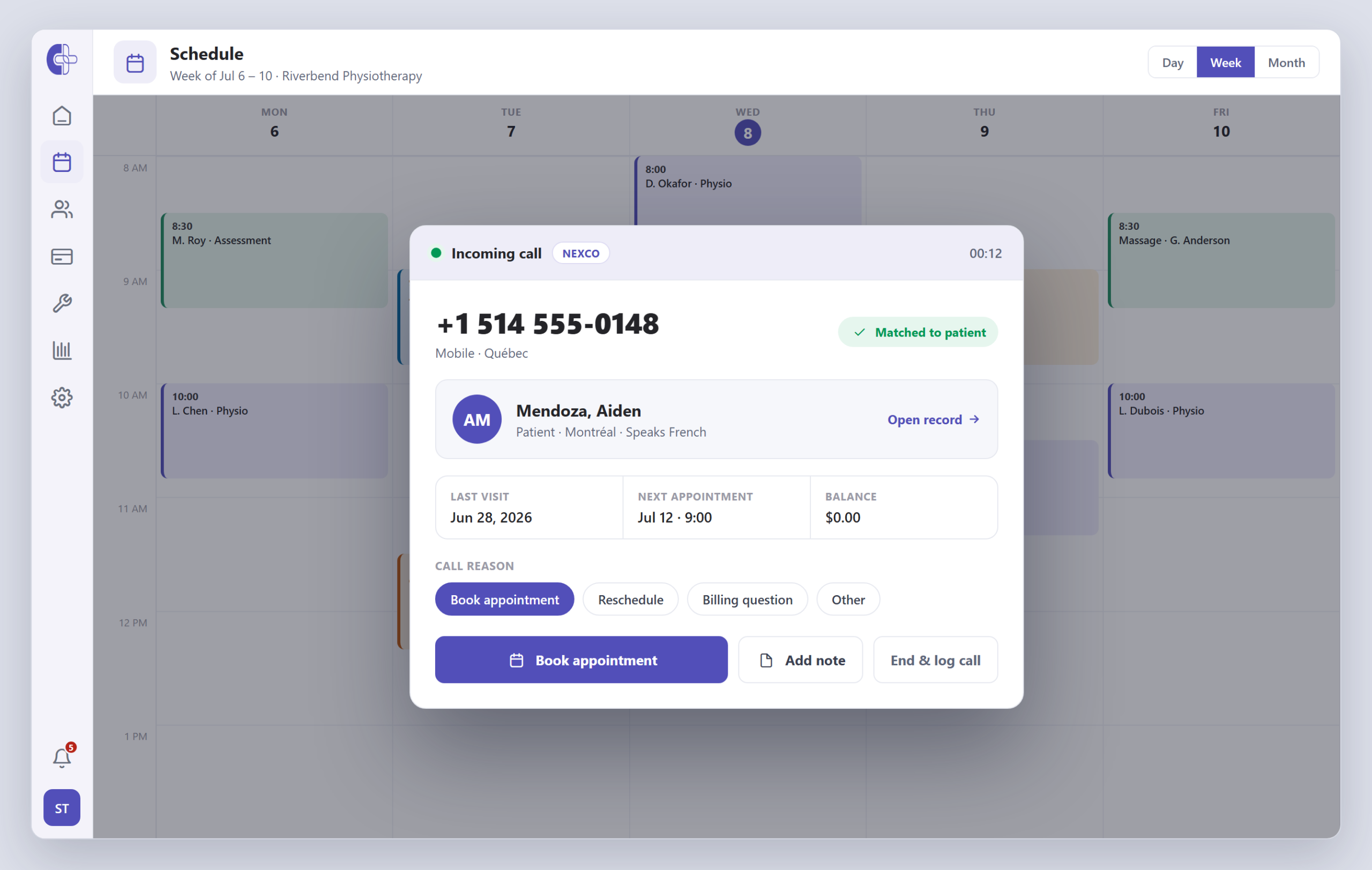 Clinicmaster VOIP incoming-call screen-pop: a call from +1 514 555-0148 matched to patient Aiden Mendoza, showing spoken language, last visit, next appointment and balance, with call-reason options and a book-appointment button.